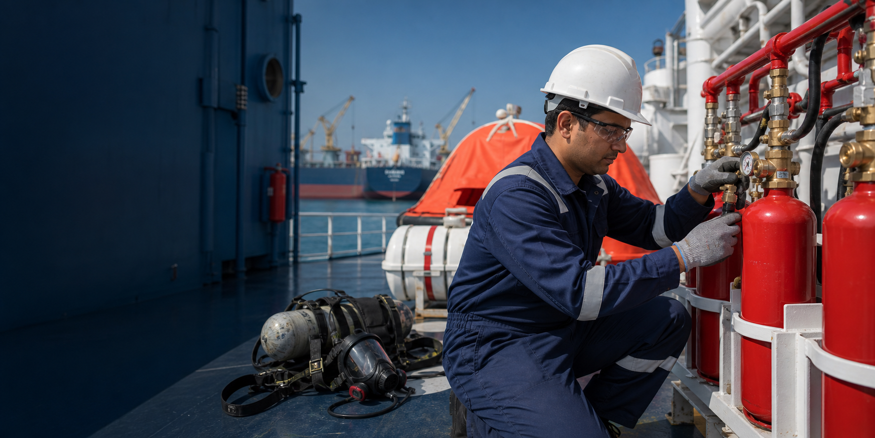 Indian marine fire fighting technician servicing equipment on a commercial vessel